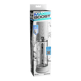 Pump Worx Max Boost Penis Pump White on display packaging, featuring manual piston-action design for enhanced erections.