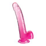 King Cock Clear 9 Inch Dildo With Balls Pink showcasing a lifelike design and translucent shaft.
