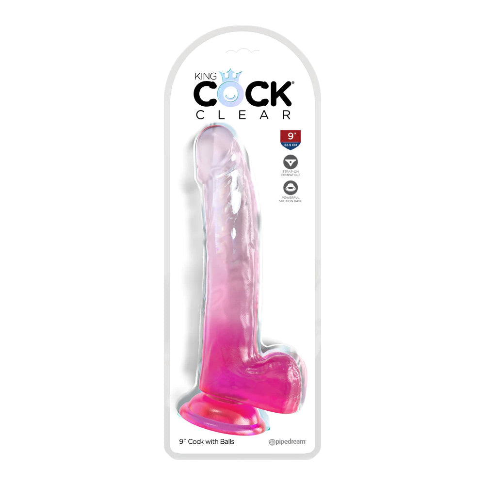 King Cock Clear 9 Inch Dildo With Balls Pink in packaging, featuring realistic design and suction base.