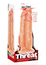 MASSIVE Triple Threat 3 Cock Silicone Dildo Vanilla packaging featuring three distinct shafts for adventurous play.