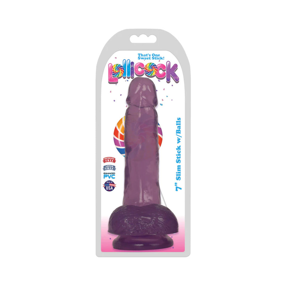 Curve Toys Lollicock Slim Stick 7 inches Dildo with Balls & Suction Cup Grape Ice
