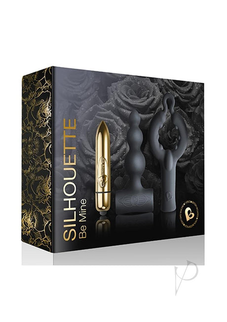 Rocks Off Silhouette Be Mine Bullet Vibrator Set Black packaging featuring a gold bullet and silicone attachments.