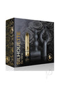 Rocks Off Silhouette Be Mine Bullet Vibrator Set Black packaging featuring a gold bullet and silicone attachments.