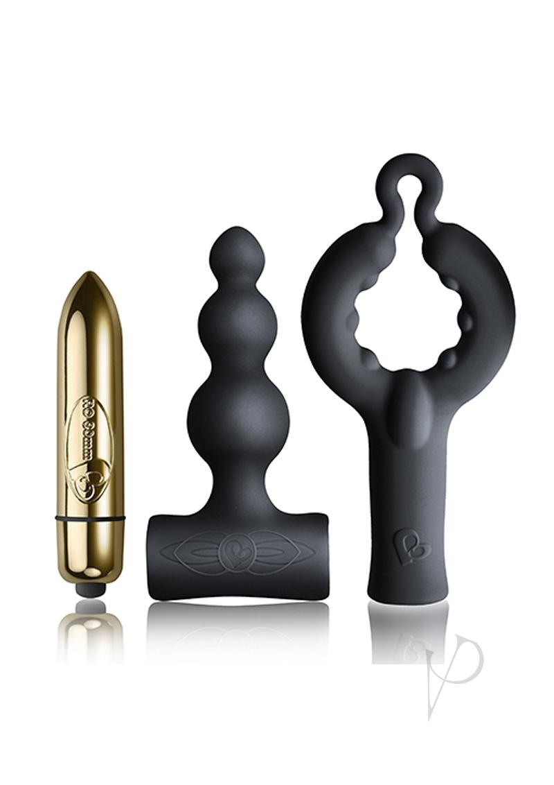 Rocks Off Silhouette Be Mine Bullet Vibrator Set Black with bullet and silicone attachments.
