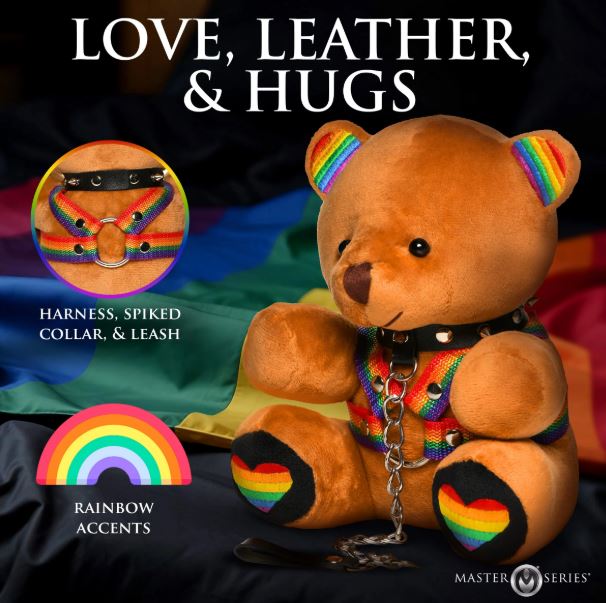 Master Series Pride Bear Plush Novelty Gift wearing a rainbow harness with leather, spiked collar, and leash.