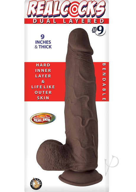 Realcocks Dual Layered #9 Bendable Dildo 9 inch Chocolate with lifelike texture and bendable design.