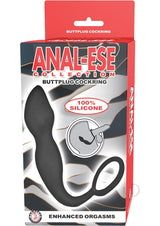 Anal-Ese Collection Silicone Cock Ring with Butt Plug Black packaging showcasing a silicone butt plug and cock ring.