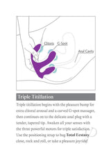 3Some Total Ecstasy Silicone Remote Vibrator Purple illustration showing clitoral, G-spot, and anal cavity stimulation.