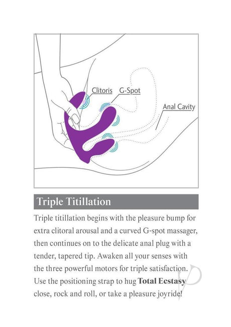 3Some Total Ecstasy Silicone Remote Vibrator Purple illustration showing clitoral, G-spot, and anal cavity stimulation.