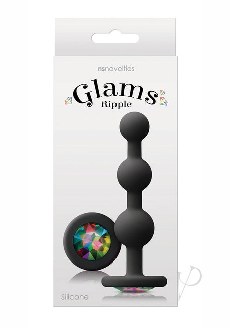 Glams Ripple Silicone Plug Rainbow Gem 4.49 Inch Black packaging showcasing its elegant design and colorful gem.