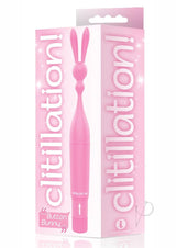 The 9's Clitillation Button Bunny Clitoral Stimulator Pink packaging with bunny design. Compact and playful pleasure device.
