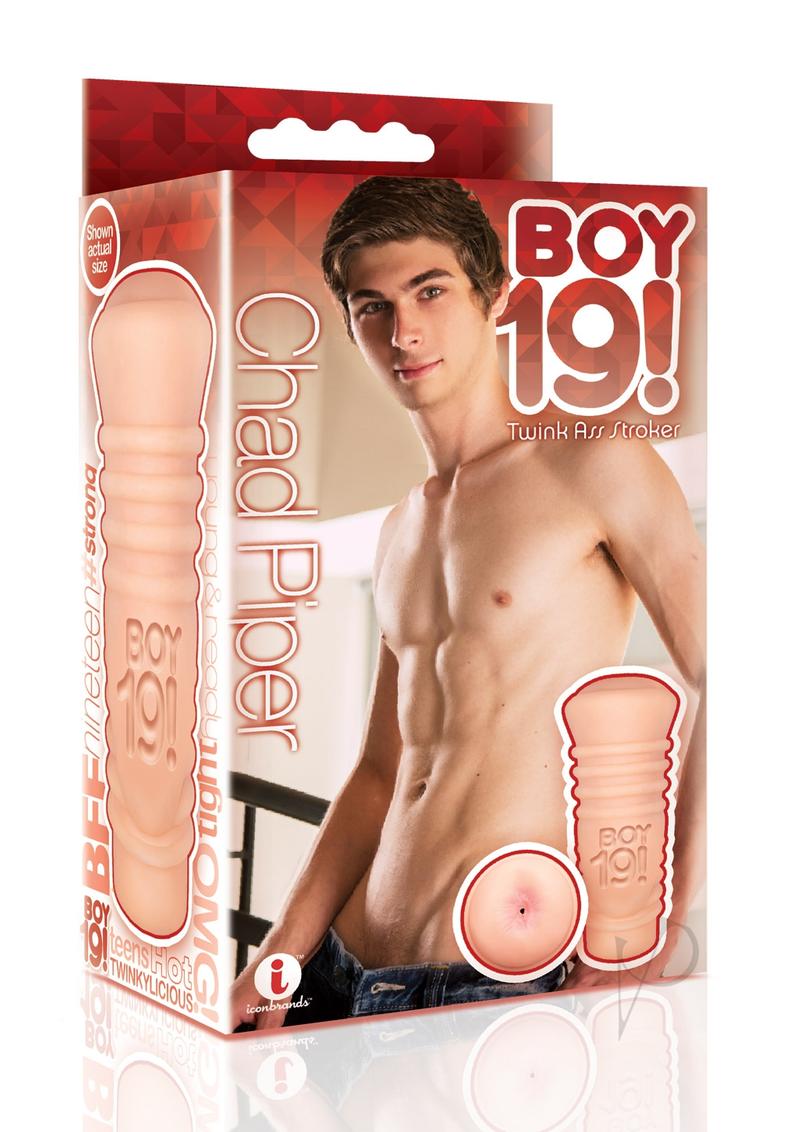 Boy 19 Teen Twink Anal Stroker Chad Piper Ivory packaging with Chad Piper image and lifelike stroker design.
