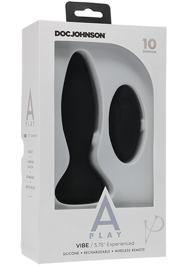 A-Play Vibe Experienced Anal Plug with Remote Control Black in its packaging, showcasing the powerful design and remote.