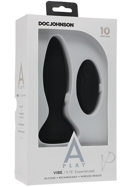 A-Play Vibe Experienced Anal Plug with Remote Control Black in its packaging, showcasing the powerful design and remote.
