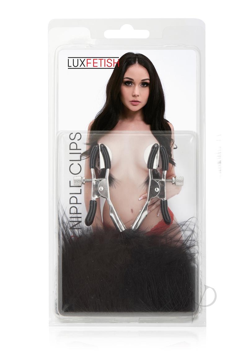 Lux Fetish Feather Nipple Clamps Black in packaging featuring nipple clips with soft black feathers.