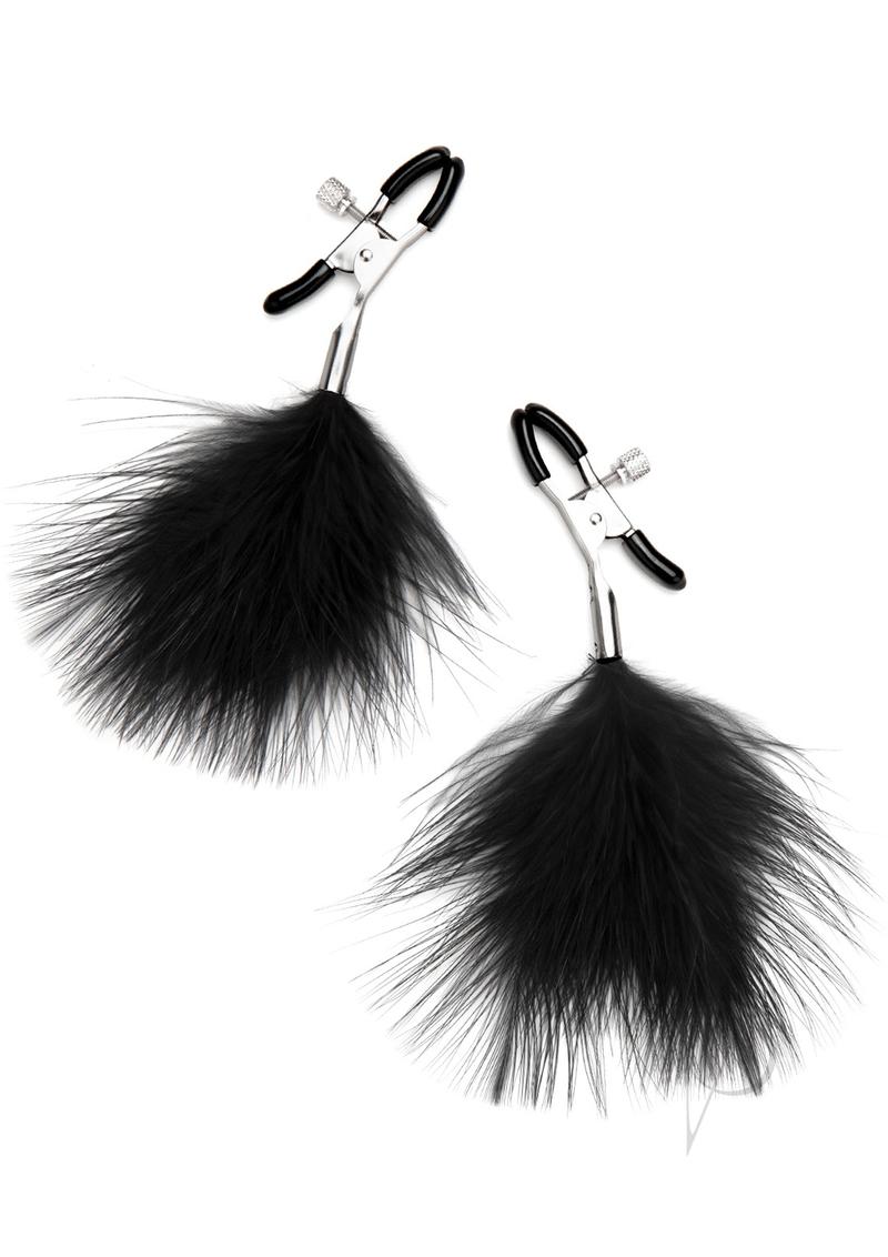 Lux Fetish Feather Nipple Clamps Black with soft feathers and adjustable clips for sensual teasing.