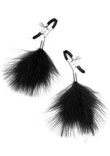 Lux Fetish Feather Nipple Clamps Black with soft feathers and adjustable clips for sensual teasing.