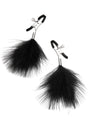 Lux Fetish Feather Nipple Clamps Black with soft feathers and adjustable clips for sensual teasing.