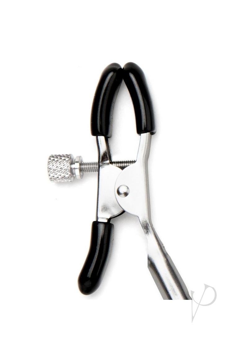 Lux Fetish Feather Nipple Clamps Black close-up, showing adjustable clips with soft black grips.