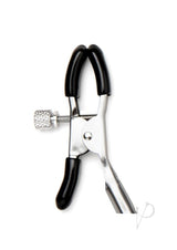 Lux Fetish Feather Nipple Clamps Black close-up, showing adjustable clips with soft black grips.