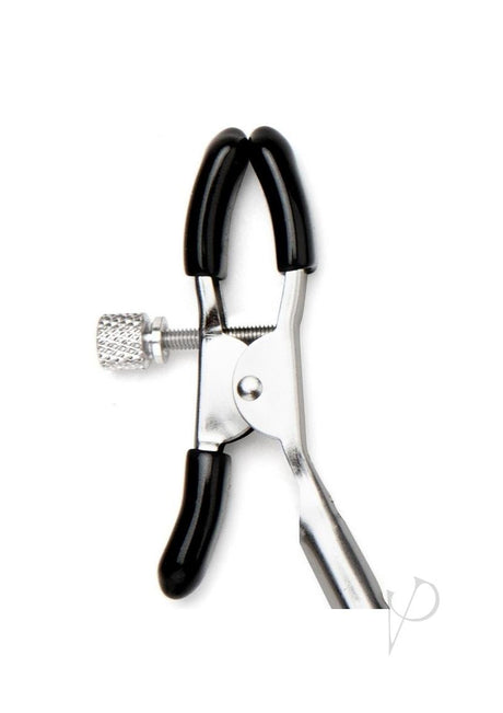Lux Fetish Feather Nipple Clamps Black close-up, showing adjustable clips with soft black grips.