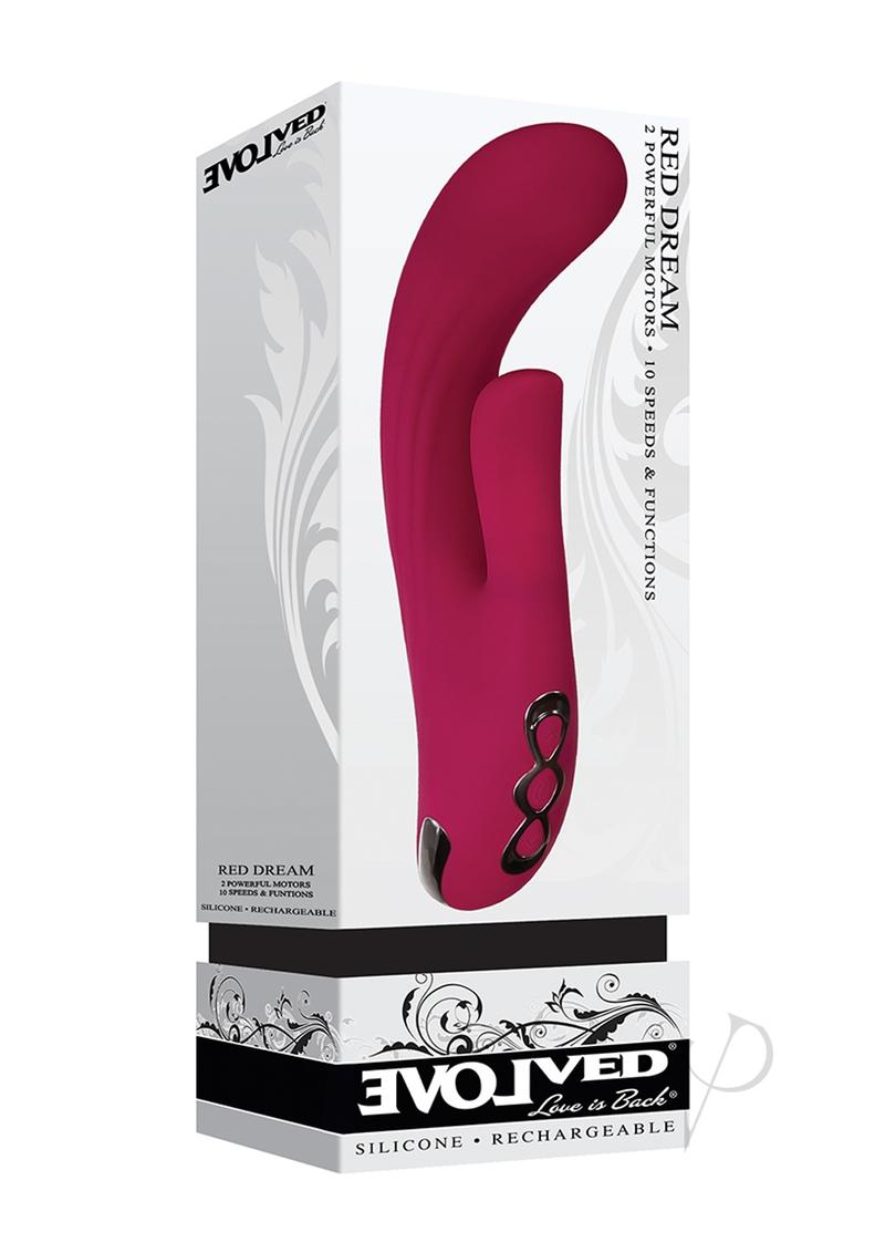 Red Dream Rechargeable Silicone Vibrator Burgundy in packaging showcasing its design and features.