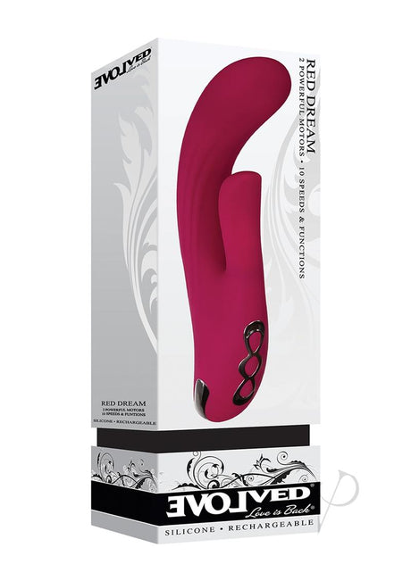 Red Dream Rechargeable Silicone Vibrator Burgundy in packaging showcasing its design and features.