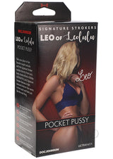 Signature Strokers Leo of Leolulu Pussy Masturbator Vanilla packaging featuring Leo and product details.