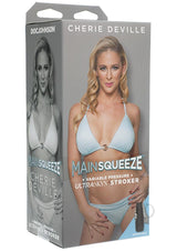 Main Squeeze Cherie Deville Ultraskyn Masturbator Pussy packaging featuring Cherie Deville in a bikini.