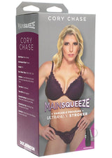 Main Squeeze Cory Chase Ultraskyn Masturbator Pussy Vanilla packaging with model image for adult pleasure.