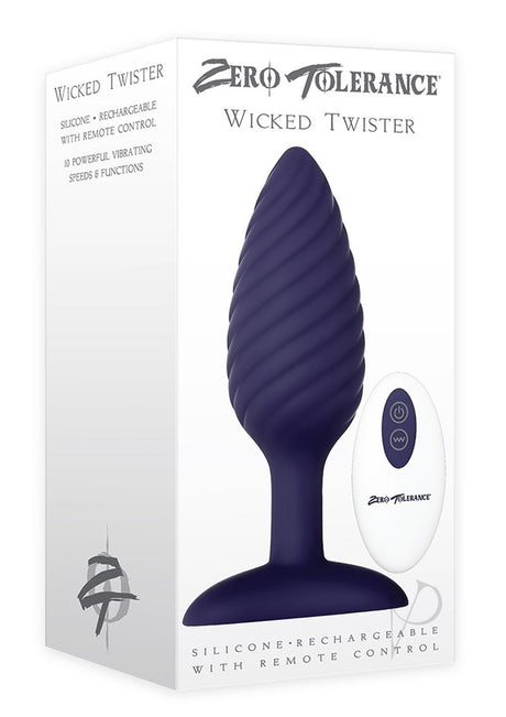 Zero Tolerance Wicked Twister Vibrating Butt Plug Purple packaging with remote control.