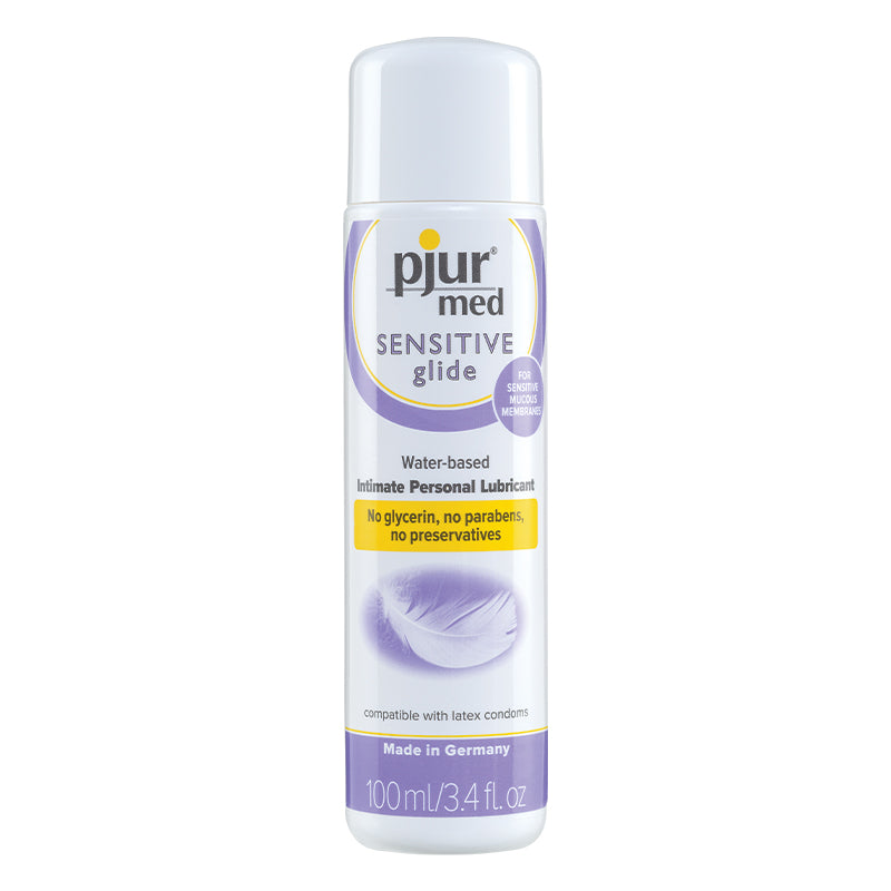 Pjur Med Sensitive Glide Water Based Lubricant 3.4 Oz bottle showing water-based formula for sensitive skin.