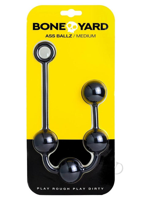 Boneyard Ass Ballz Silicone Anal Beads Medium Black packaging with black beads on yellow background.