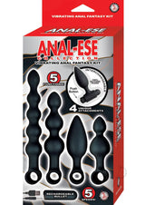 Anal-Ese Silicone Vibrating Anal Fantasy Kit Black packaging showcasing 4 silicone attachments and rechargeable bullet.