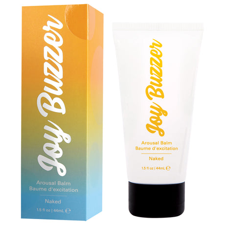 Joy Buzzer Arousal Balm Naked 1.5 Oz packaging and tube for enhancing intimate sensations.