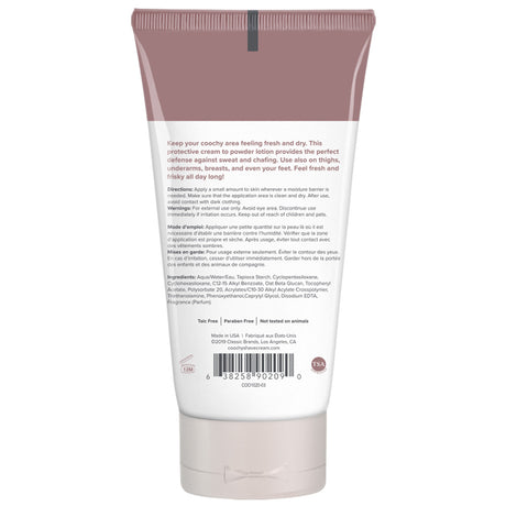 Coochy Sweat Defense Protection Lotion 3.4 Oz back view with product details and usage instructions for dryness and freshness.
