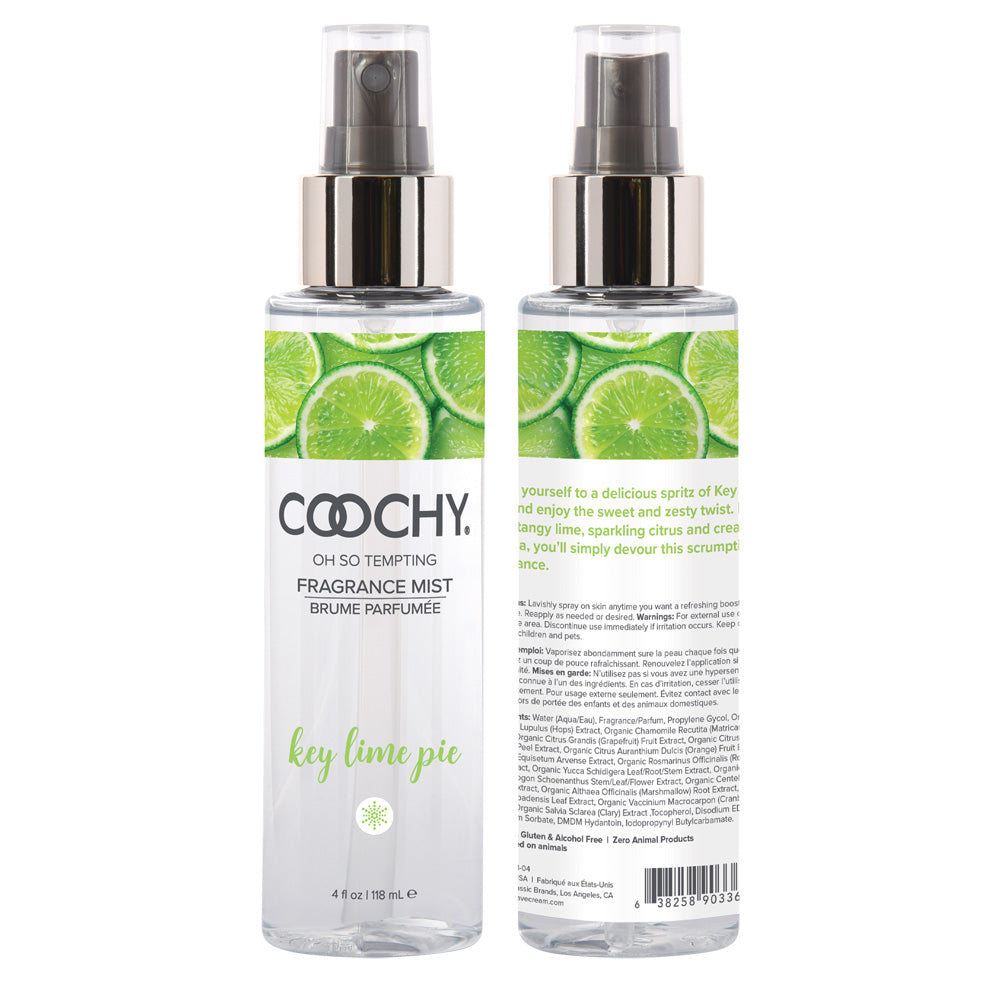 Coochy Fragrance Body Mist Key Lime Pie 4 Oz bottle with lime slices, offering a sweet citrus scent.
