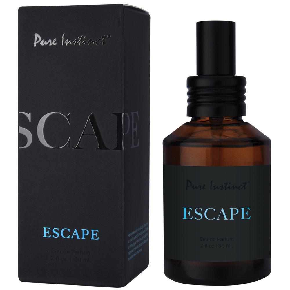Pure Instinct Pheromone Eau De Parfum Escape 2 Oz bottle and box showcasing its unique fragrance design.