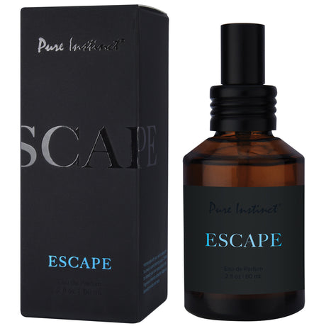 Pure Instinct Pheromone Eau De Parfum Escape 2 Oz bottle and box showcasing its unique fragrance design.