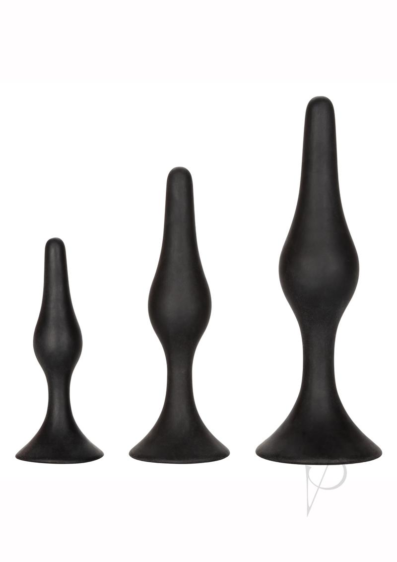 Silicone Anal Starter Kit (3 Per Set) Black showcasing three graduated silicone plugs in black.