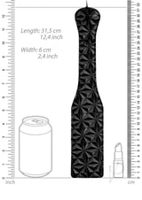 Image of Ouch Luxury Diamond Pattern Vinyl Paddle Black with dimensions marked beside a can and lipstick for scale.