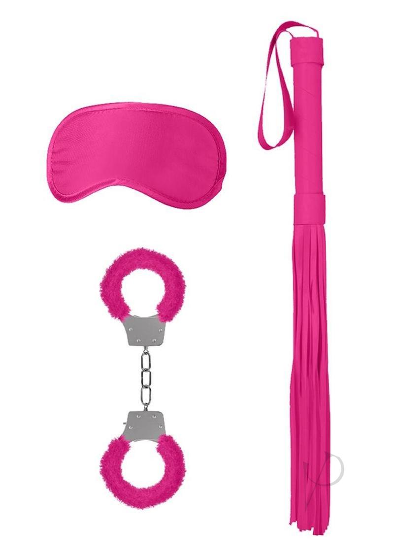 Ouch Introductory Bondage Kit No 1 3 Piece Pink including cuffs, blindfold, and whip.