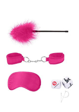 Ouch Introductory Bondage Kit No 2 4 Piece Pink includes cuffs, feather tickler, mask and dice for playful submission.