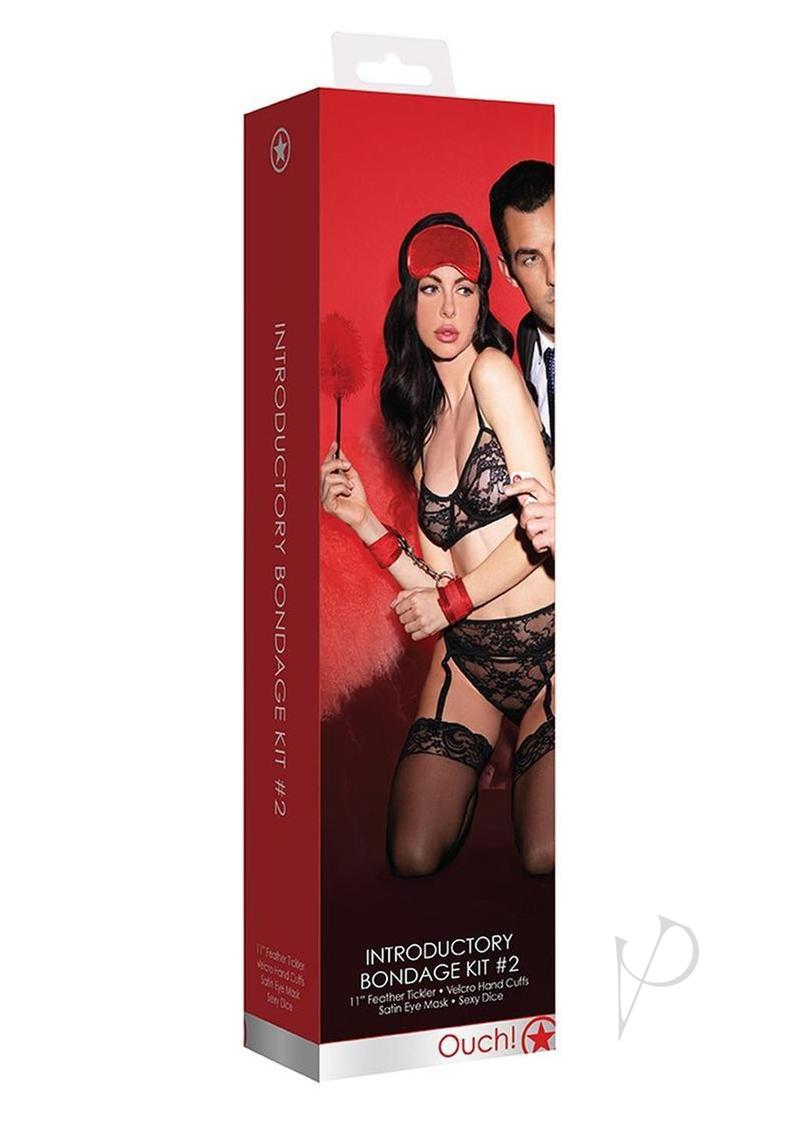 Ouch Introductory Bondage Kit No 2 4 Piece Red packaging featuring a seductive couple in playful bondage attire.
