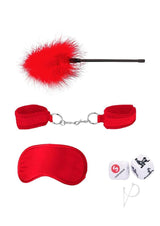 Ouch Introductory Bondage Kit No 2 4 Piece Red includes cuffs, mask, feather tickler, and dice for playful exploration.