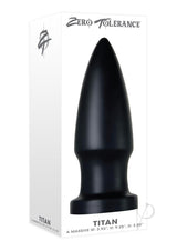 Zero Tolerance Titan Anal Plug Black in packaging, showcasing its massive size and bullet shape.