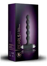 Petite Sensations Pearls Silicone Vibrating Anal Beads Black packaging showcasing the slim design and features.