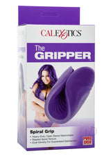 The Gripper Spiral Grip Masturbator Dual Ended Purple packaging showcasing its features and design.