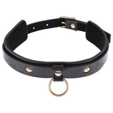 Sportsheets S&M Orbit Day Collar Rainbow Faux Leather, black faux leather collar with gold accents and a D-ring.