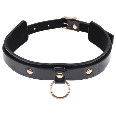 Sportsheets S&M Orbit Day Collar Rainbow Faux Leather, black faux leather collar with gold accents and a D-ring.